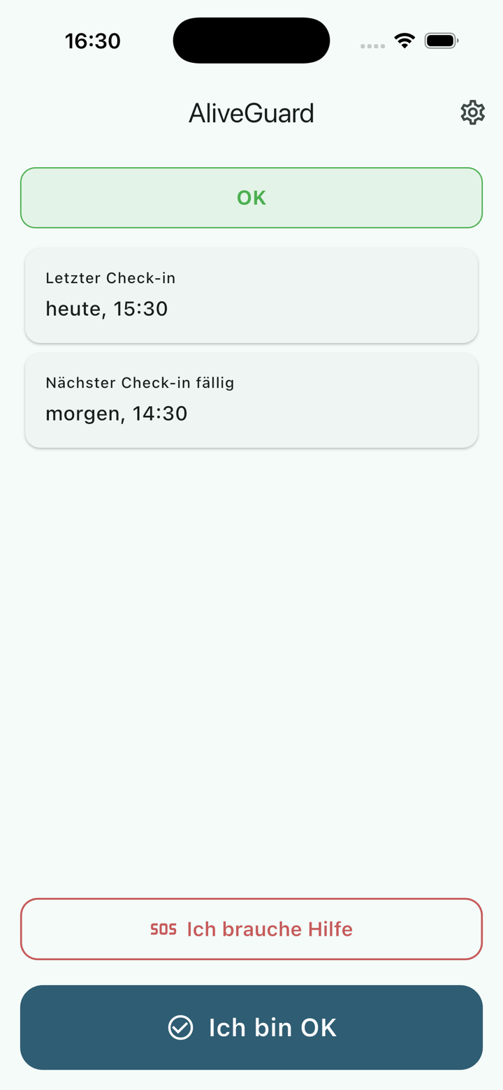 AliveGuard App – Check-in Ansicht