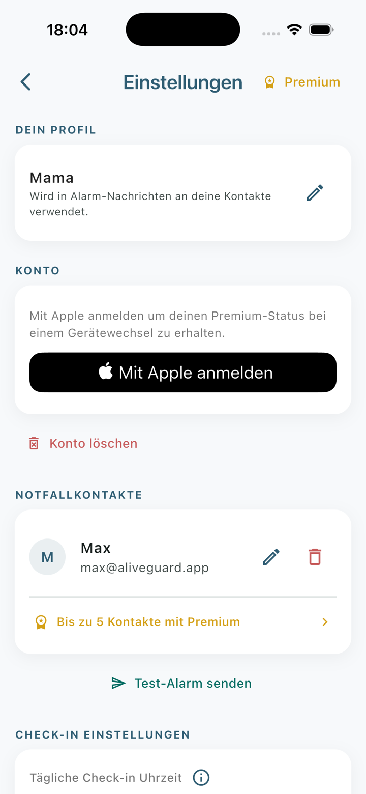 AliveGuard App – Vertrauenskontakte