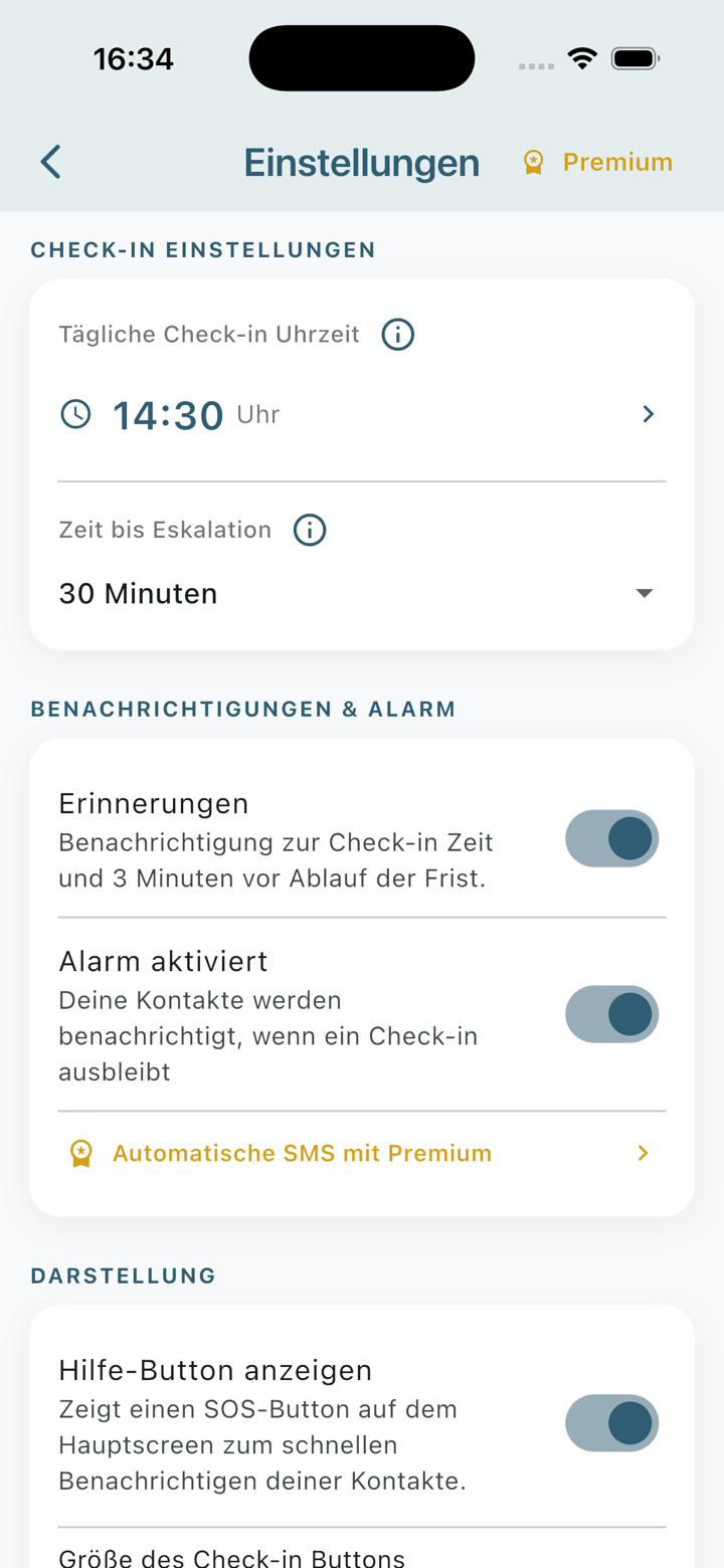 AliveGuard App – Einstellungen & Eskalation