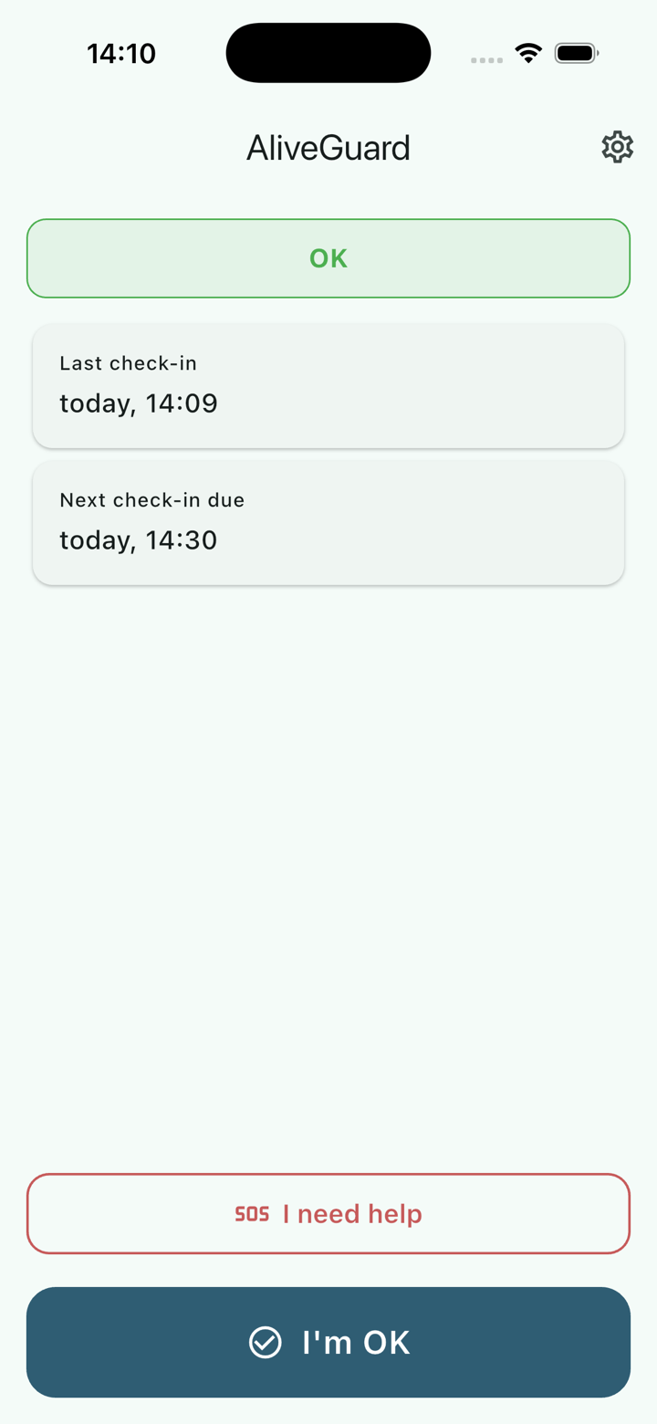 Aplicativo AliveGuard – tela de check-in