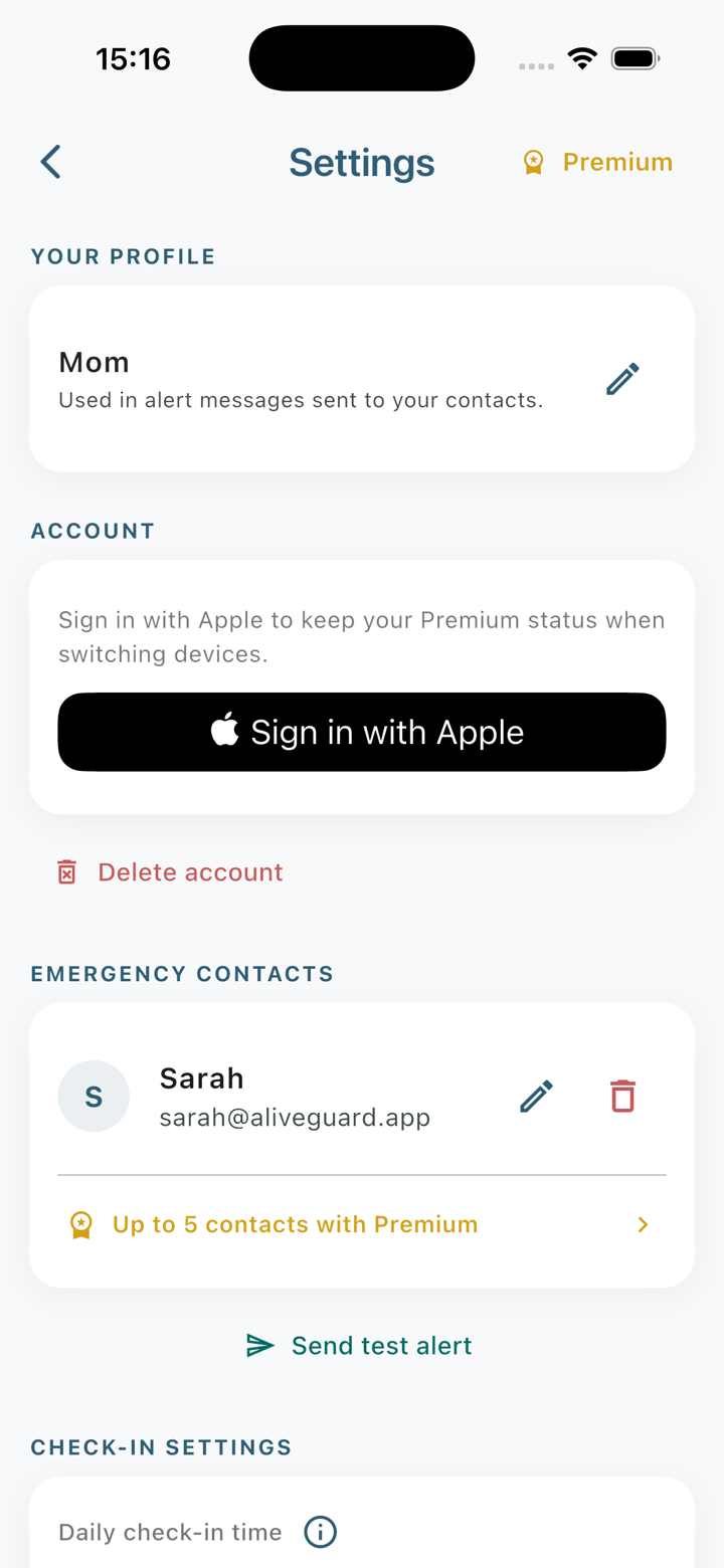 AliveGuard app – trusted contacts