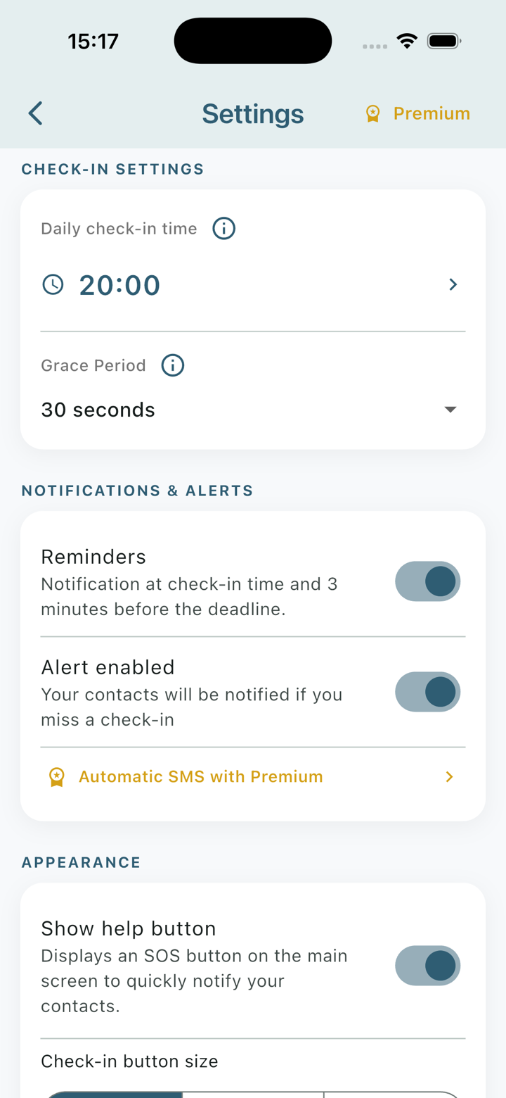 AliveGuard app – settings & escalation